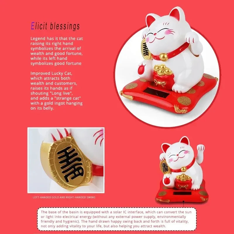 A white cat figurine with a waving arm sitting on a red platform, symbolizing good fortune.