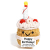 Handmade crochet donkey ornament with a yellow tuft and a birthday message