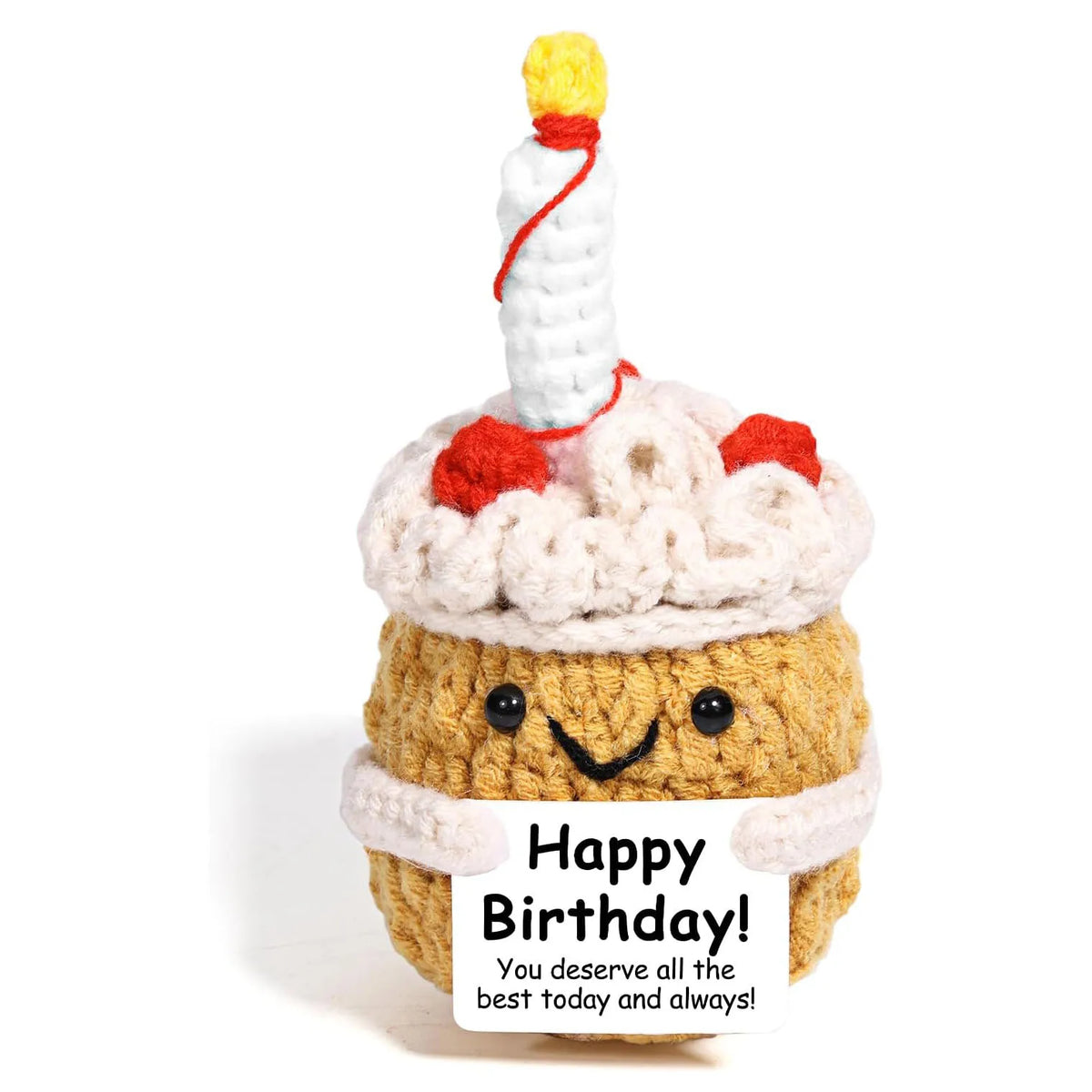 Handmade crochet donkey ornament with a yellow tuft and a birthday message