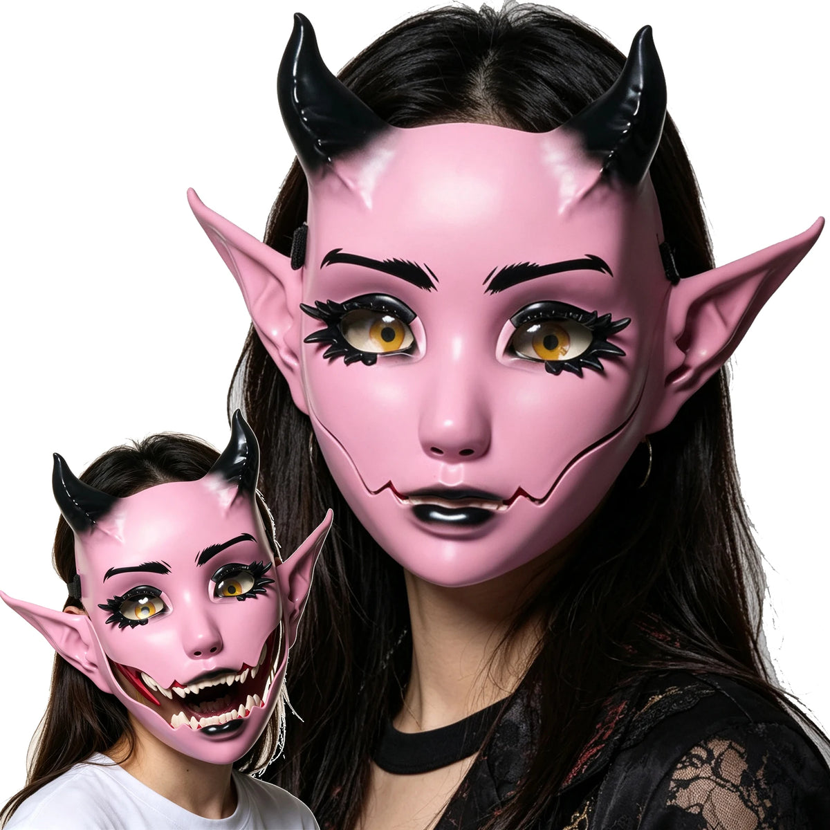 A woman is modeling a pink horned fantasy creature mask with a movable jaw.