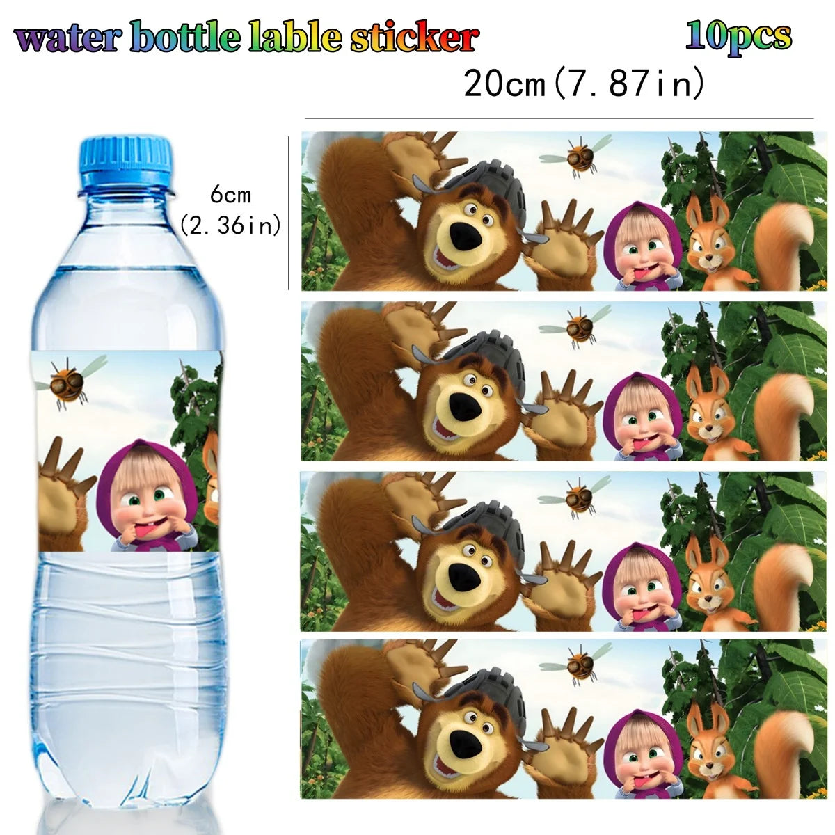 A set of 10 water bottle label stickers featuring Masha and Bear characters on a clear water bottle.