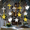 A set of gold and silver crosses, stars, and doves used for faith and celebration party decor