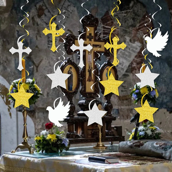 A set of gold and silver crosses, stars, and doves used for faith and celebration party decor