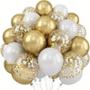 A cluster of pearl and gold confetti balloons in various sizes floating against a white background.