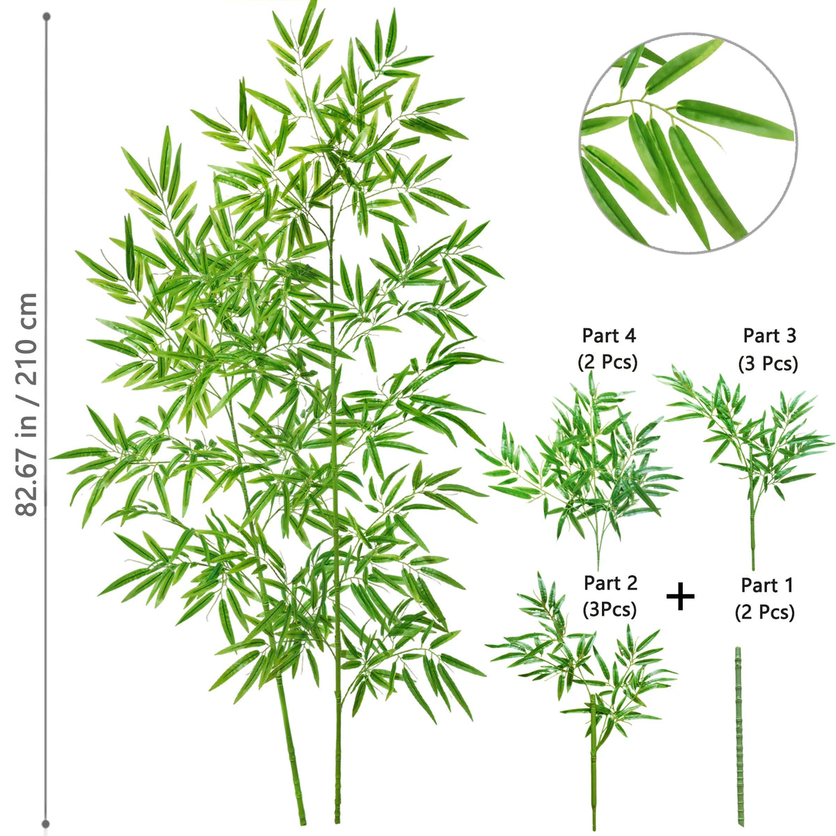Illustration of an artificial bamboo branch with green leaves, showing separate parts for assembly.