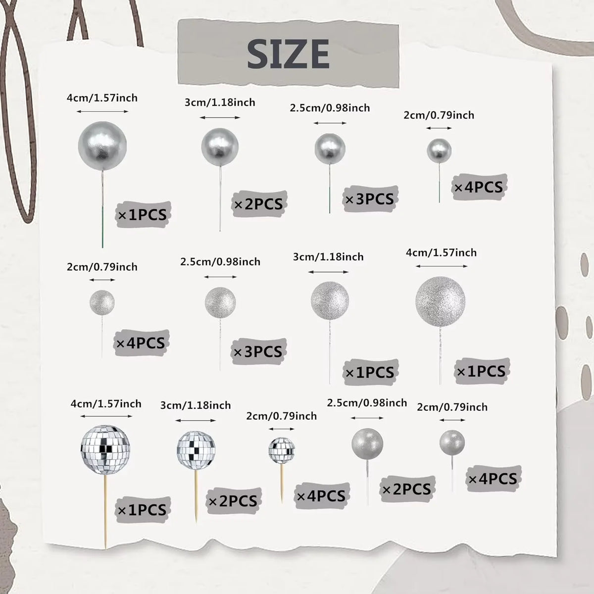 A chart showing various sizes of silver disco ball cake toppers, including 1 to 4 pieces per size.