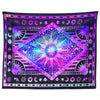 Bohemian mandala tapestry wall hanging featuring a vibrant purple and blue sun design with celestial patterns.