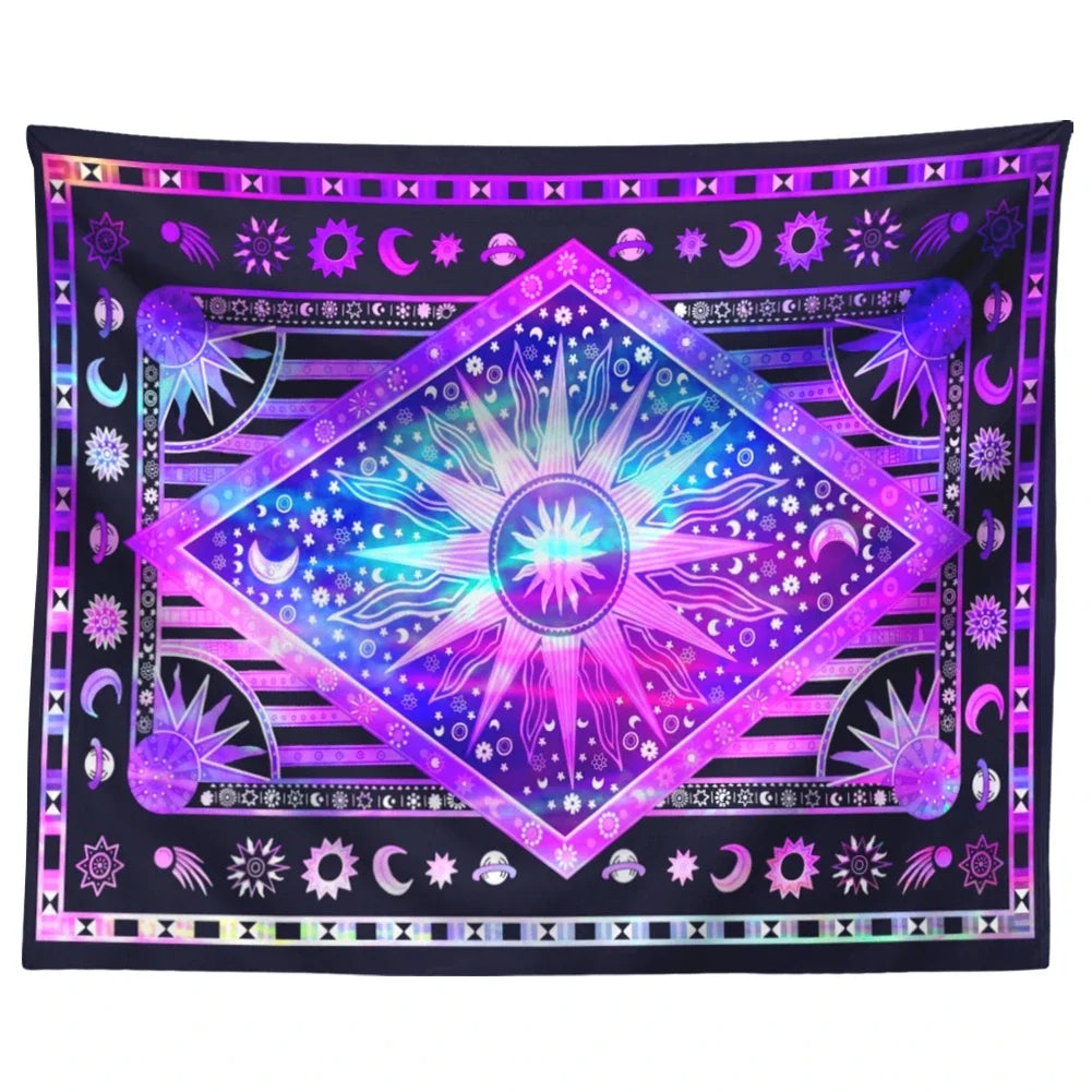 Bohemian mandala tapestry wall hanging featuring a vibrant purple and blue sun design with celestial patterns.
