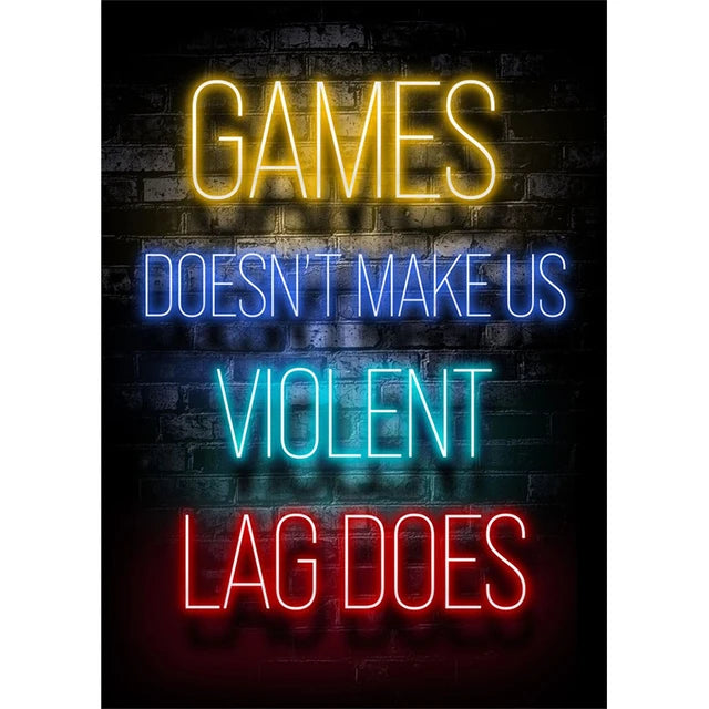 Letrero de neón en una pared de ladrillo dice: 'JUEGOS NO NOS HACE VIOLENTOS, ¡EL RETRASO SÍ!'
