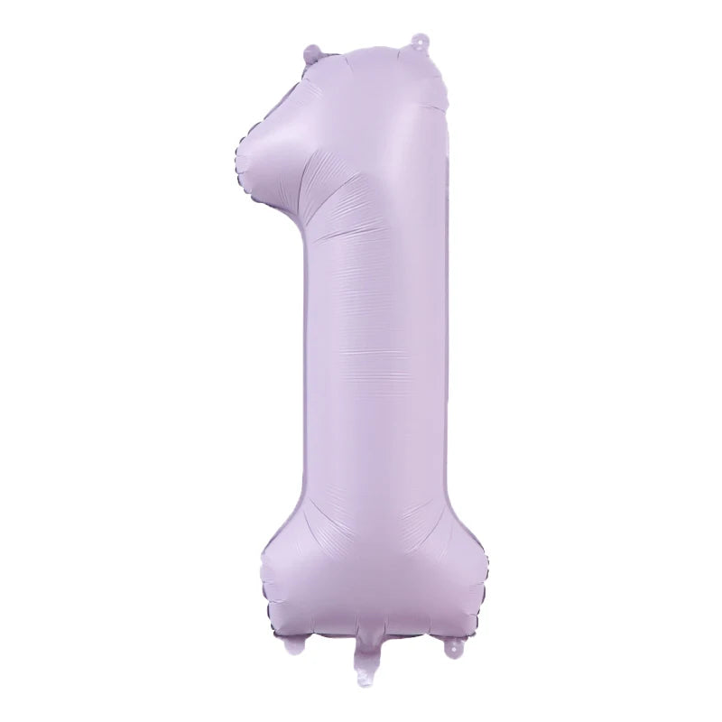 A large, purple foil number balloon shaped like the number 1.