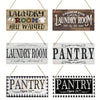 A collection of five vintage wooden farmhouse hanging signs for laundry room, pantry, and help wanted