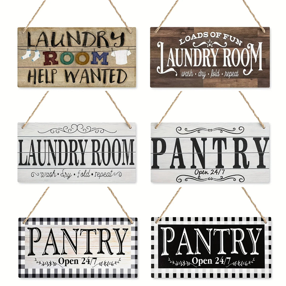 A collection of five vintage wooden farmhouse hanging signs for laundry room, pantry, and help wanted