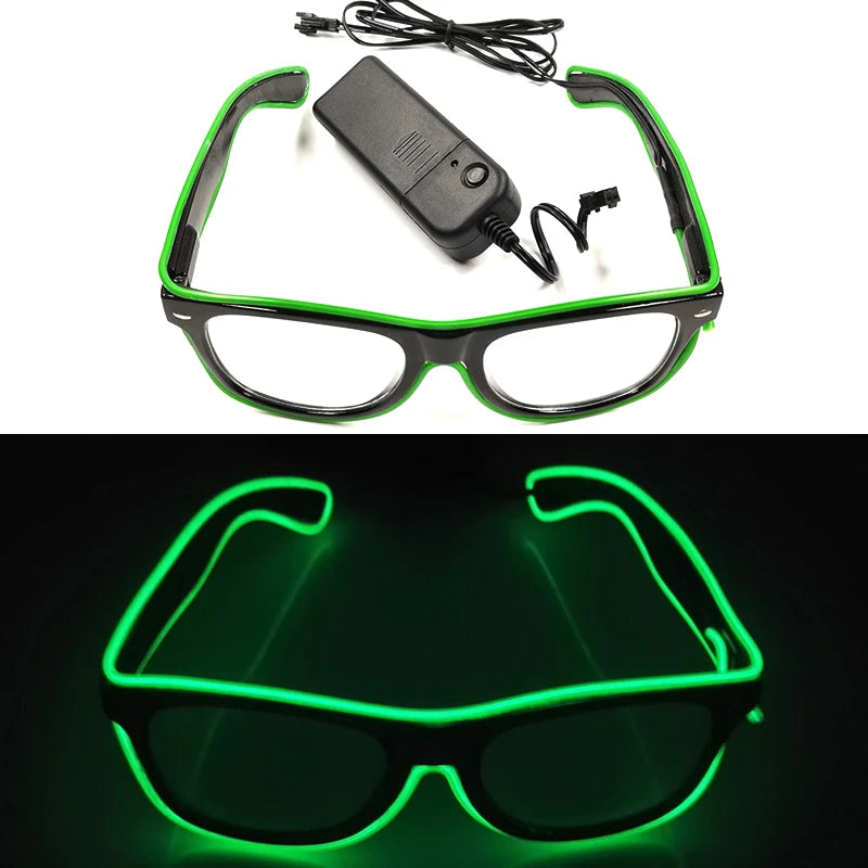 Pair of black sunglasses with green LED wire frame lights