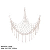 A beige cloth storage hammock suspended by strings, designed for toys and plushies.