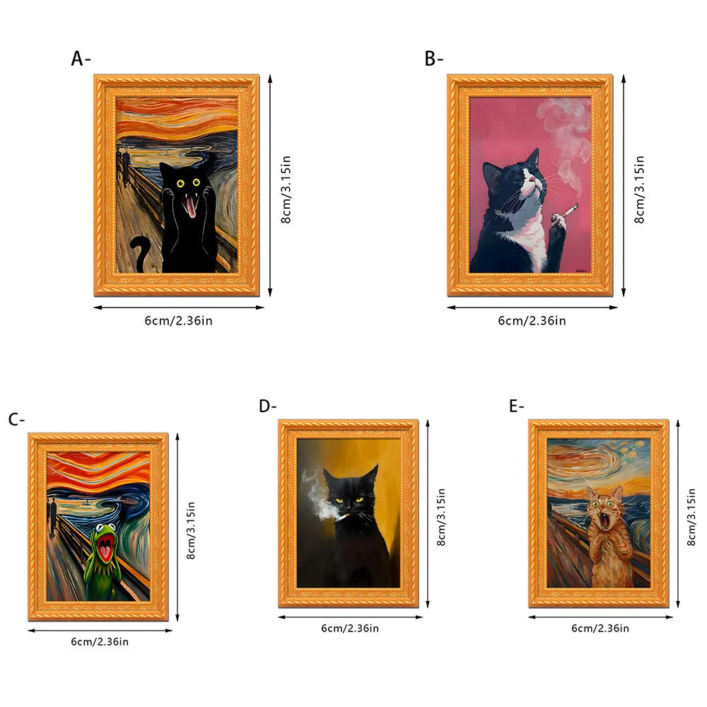 Set of five picture frames featuring black cats in various poses and colors.
