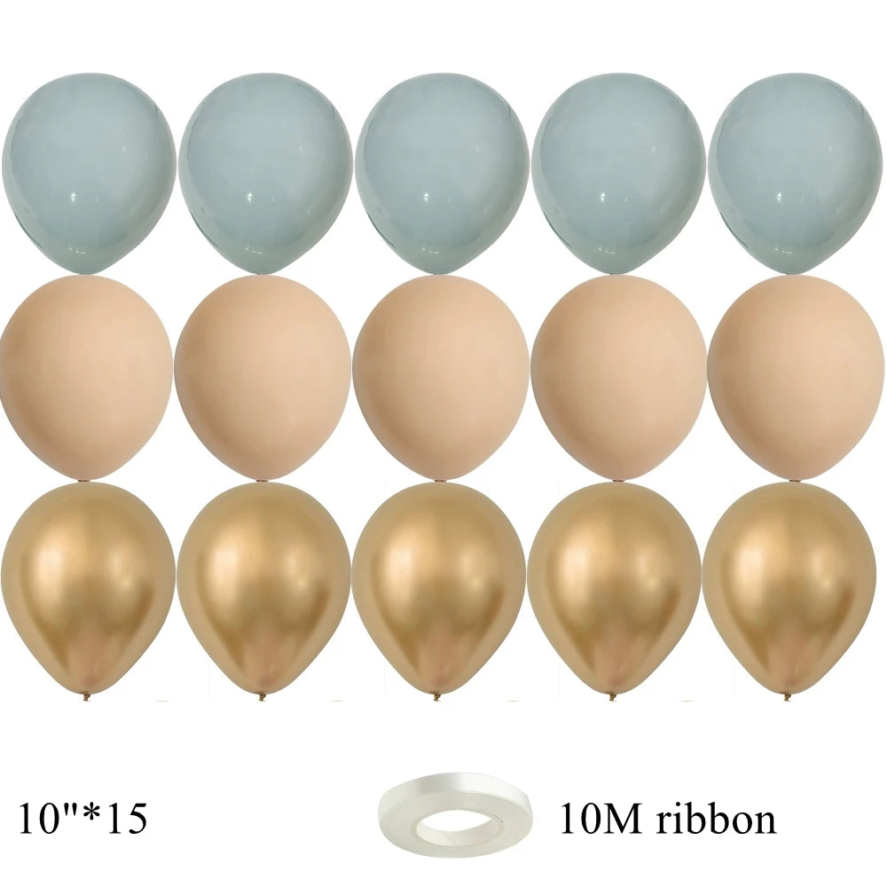A set of 30 latex balloons in light blue and gold colors with 10M ribbon.