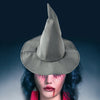 A woman wearing a gray witch hat with red face paint and dark hair.