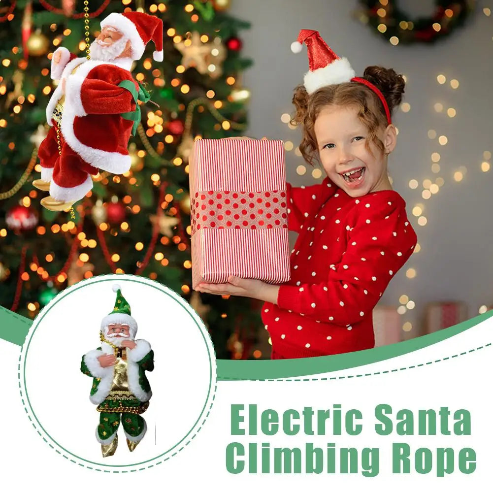 A young girl holds an electric Santa climbing rope decoration in front of a decorated Christmas tree.