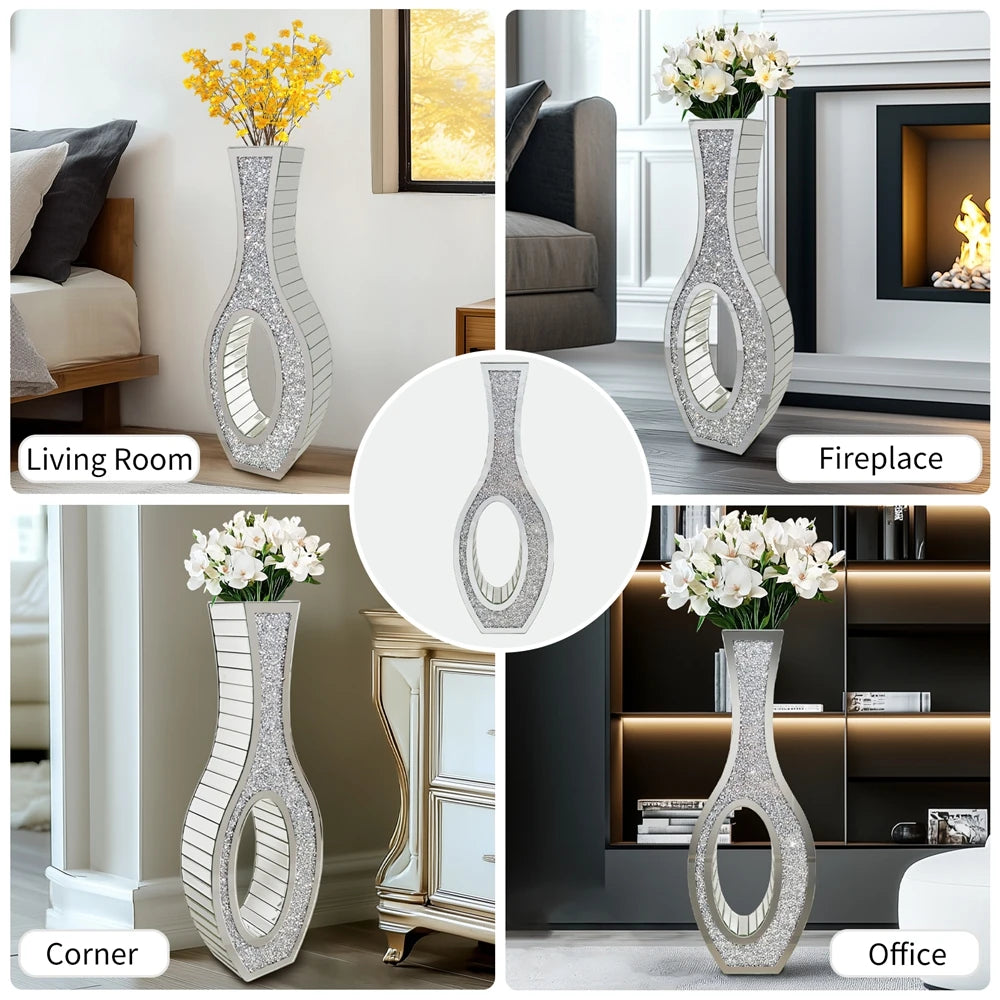 A tall silver mirrored vase with a crushed diamond finish displayed in various interior settings.