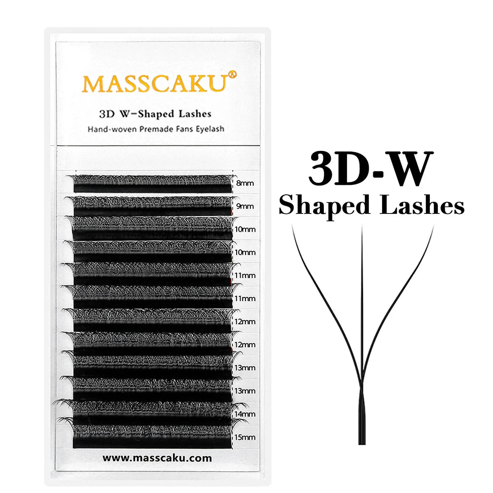 Packaging for MASSCAKU 3D W-Shaped Lashes showing various lengths from 8mm to 15mm