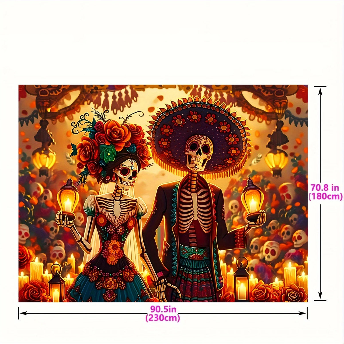 A decorative banner featuring sugar skull imagery and vibrant flowers for festive parties and decor.