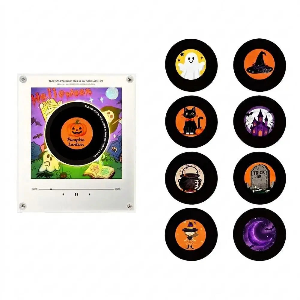 A set of nine magnetic vinyl record night lights featuring Halloween and spooky themes.