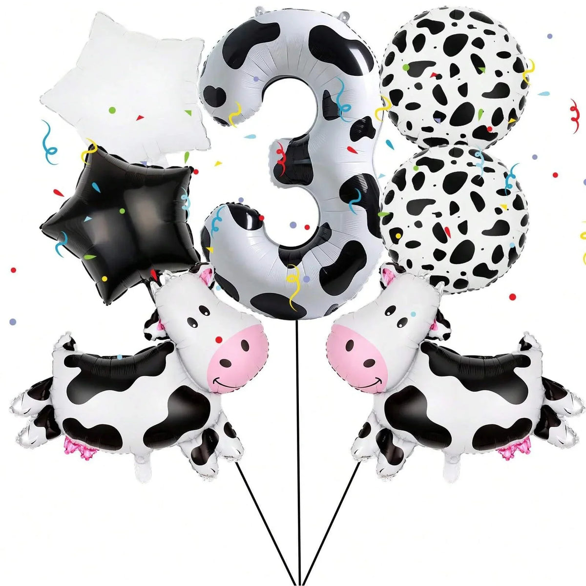 A set of large inflatable number balloons shaped like the number 3 and various cow print balloons for a party