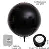 A black round 4D balloon is shown with a hook and a ribbon roll for party decoration.