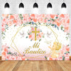 A floral backdrop featuring pink and peach roses, gold accents, and a baby angel illustration for a baptism or communion cele