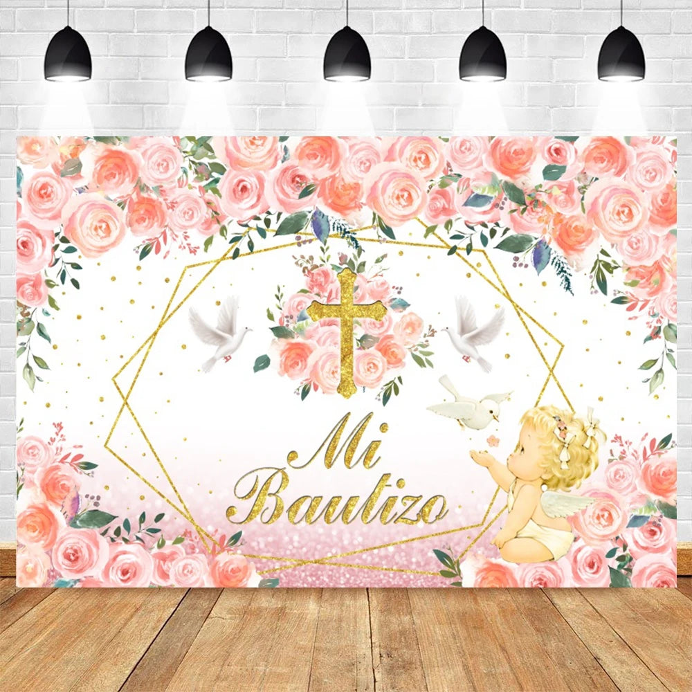 A floral backdrop featuring pink and peach roses, gold accents, and a baby angel illustration for a baptism or communion cele