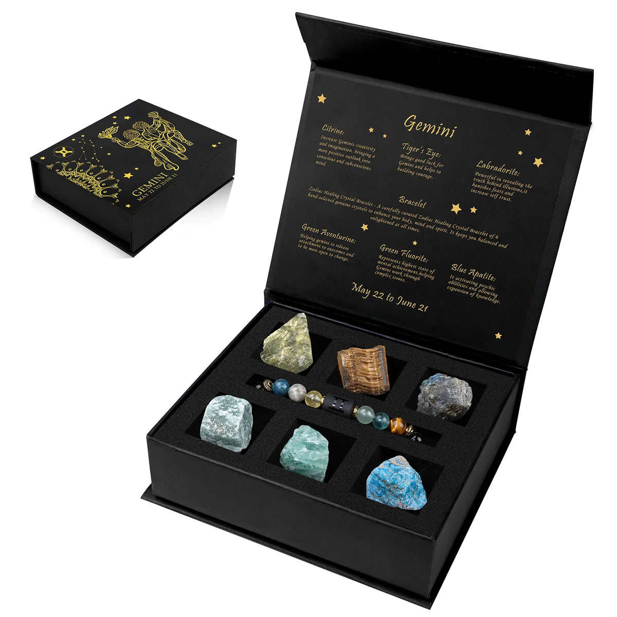 A black gift box containing a natural stone zodiac bracelet set with various colored stones and zodiac themes.