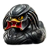 A black resin statue of an angry duck with spiky hair and yellow eyes.