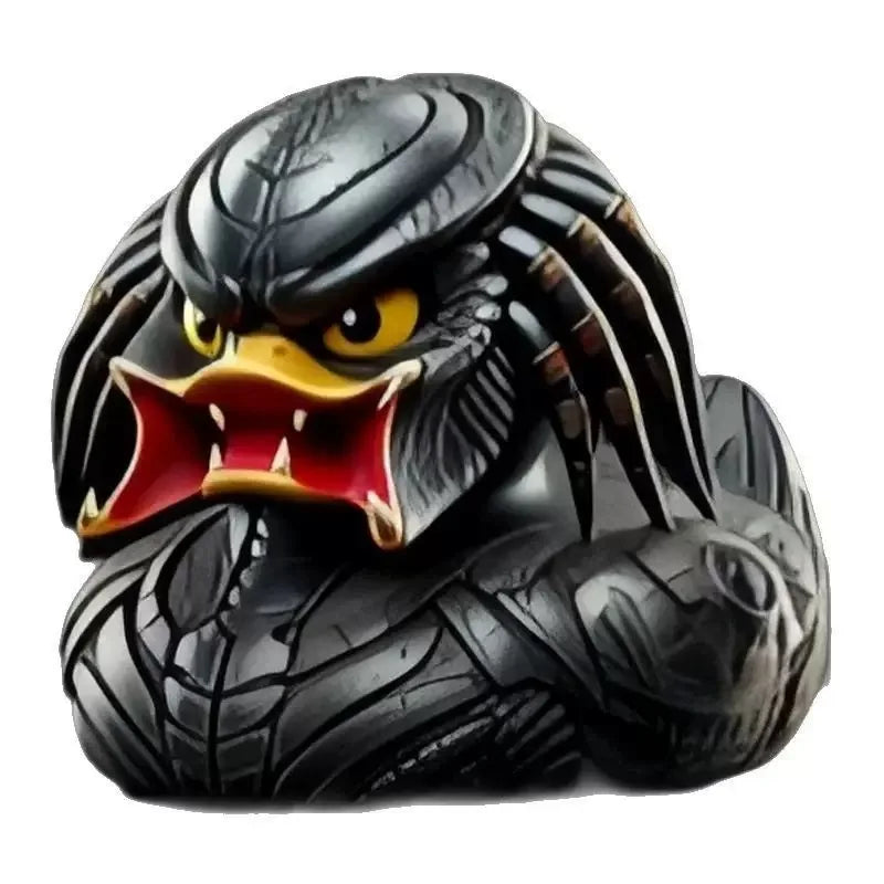 A black resin statue of an angry duck with spiky hair and yellow eyes.