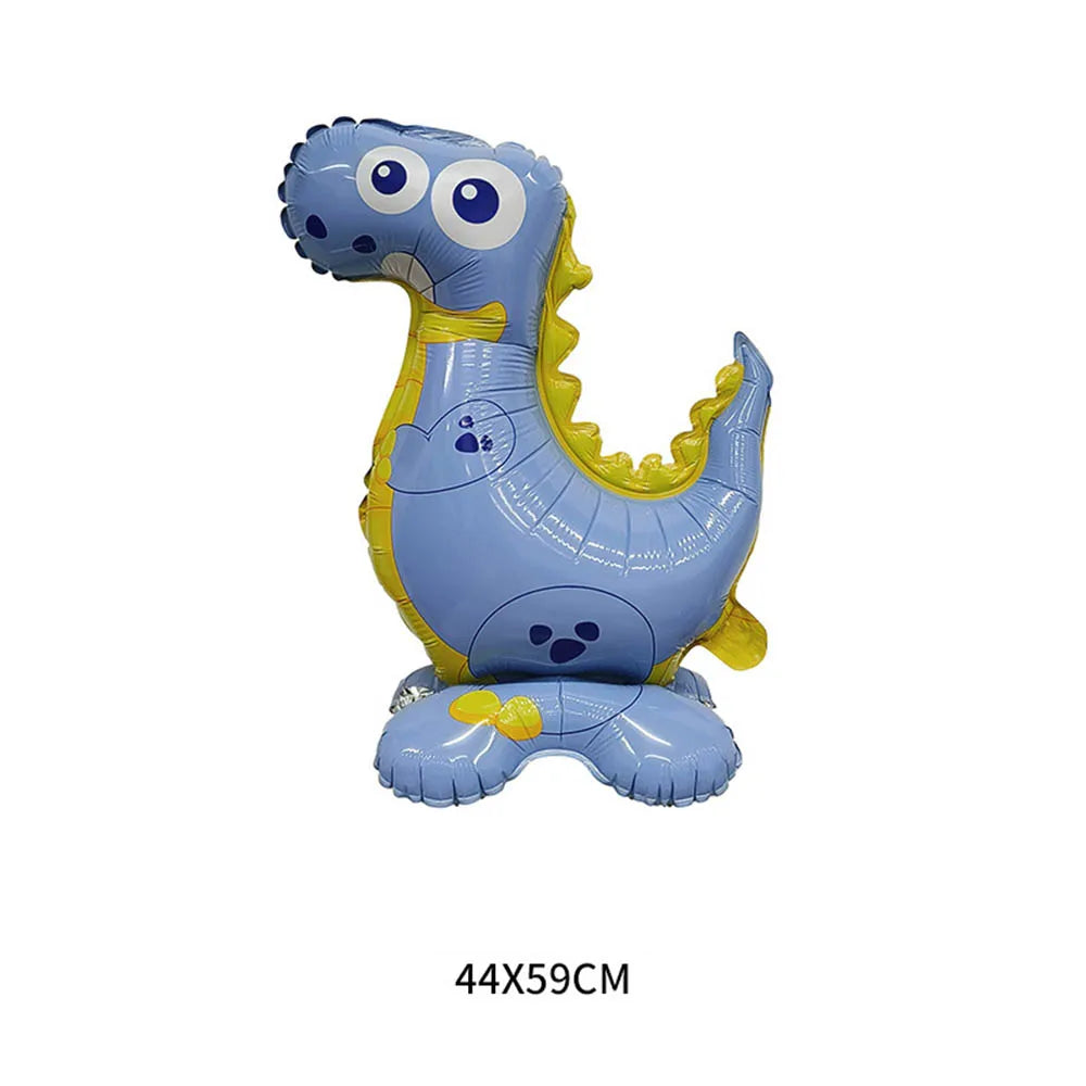 A light blue foil balloon shaped like a friendly dinosaur with yellow accents.