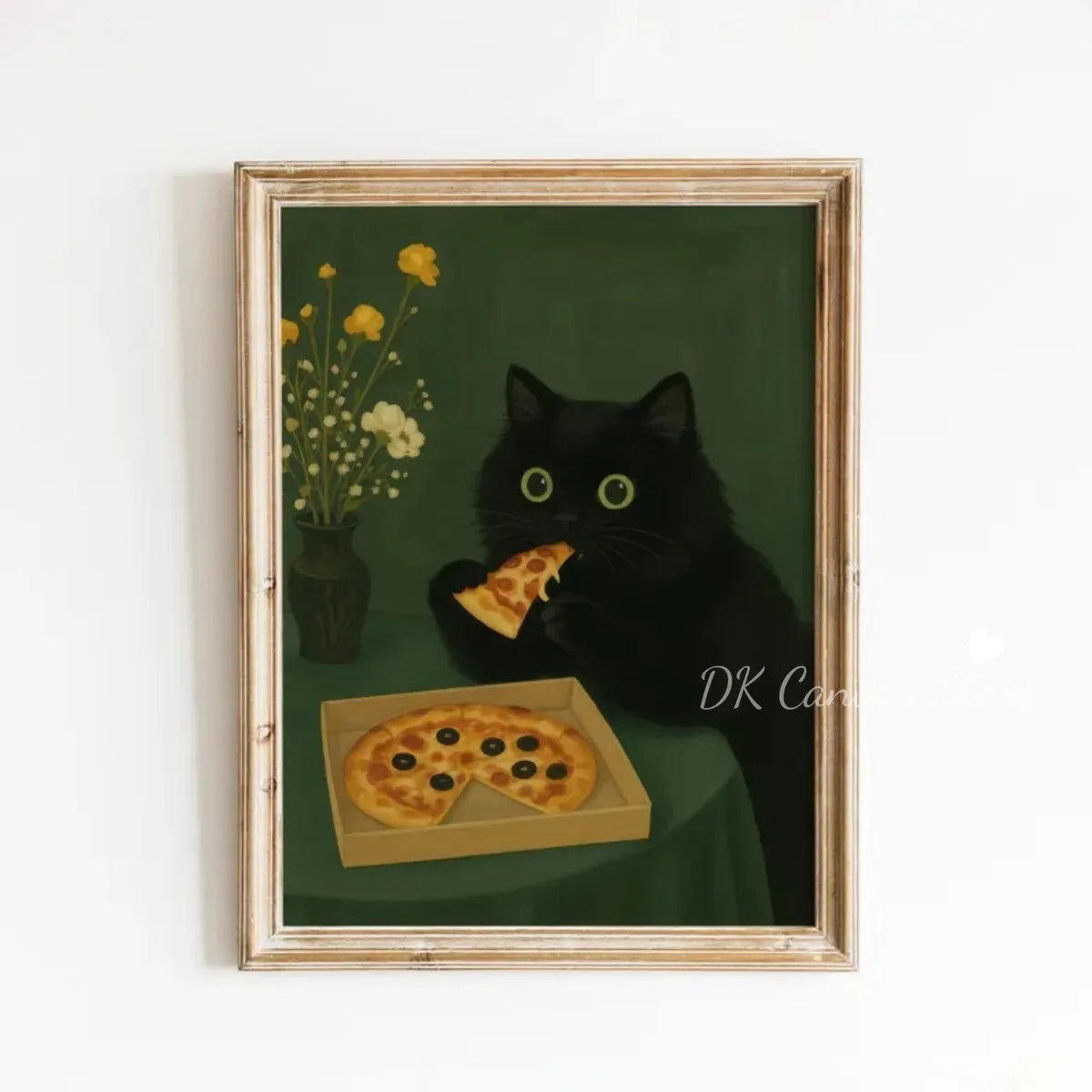 A framed canvas art print featuring a black cat looking intensely at the viewer, with a yellow flower bouquet and a plate of 
