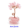 A Rose Quartz crystal bonsai tree with pink quartz blossoms growing from a clear glass base.