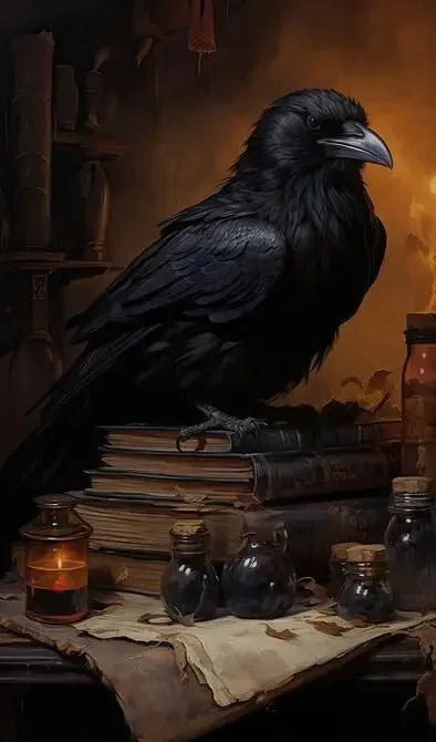 A dark raven sits on a stack of old books next to glowing glass jars in a moody Victorian Gothic style.