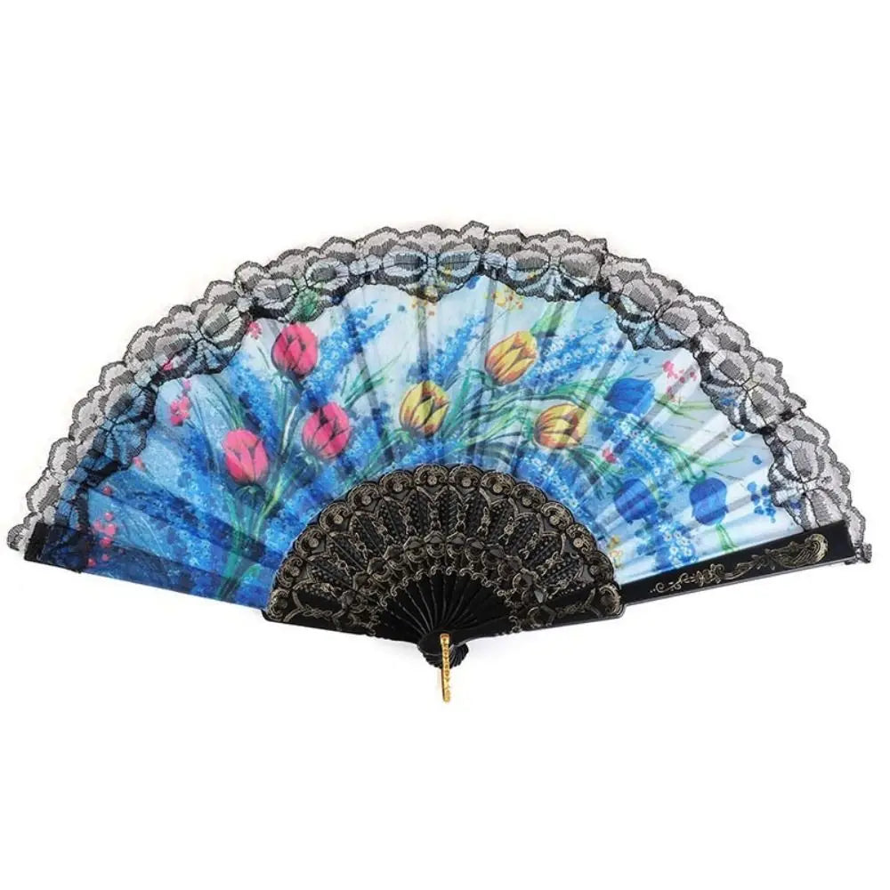 Spanish style folding lace trim handheld fan with blue and pink floral patterns