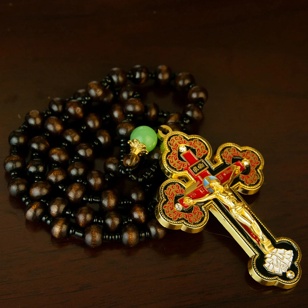 Orthodox Crucifix Cross Necklace with Rosary Beads