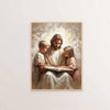 Oil painting depicting Jesus Christ with two children reading a book in a soft, warm light.