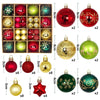 A collection of festive Christmas ornaments in various colors and designs including red green gold and silver finishes