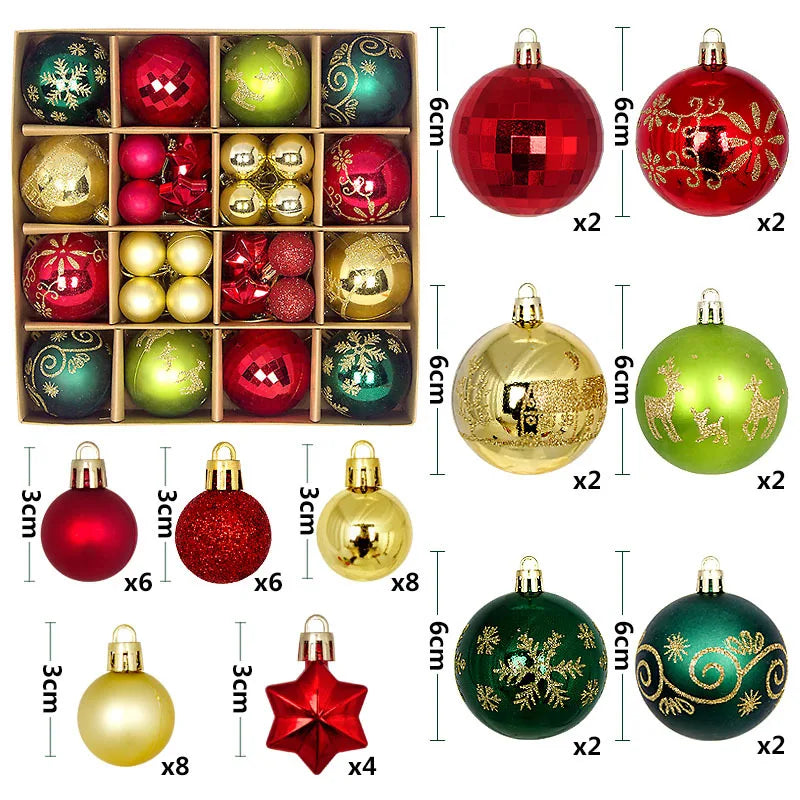 A collection of festive Christmas ornaments in various colors and designs including red green gold and silver finishes