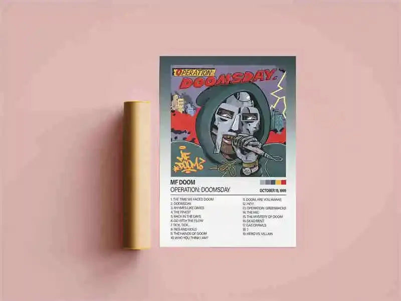 A poster for Operation: Doomsday featuring a stylized face and text on pink background.