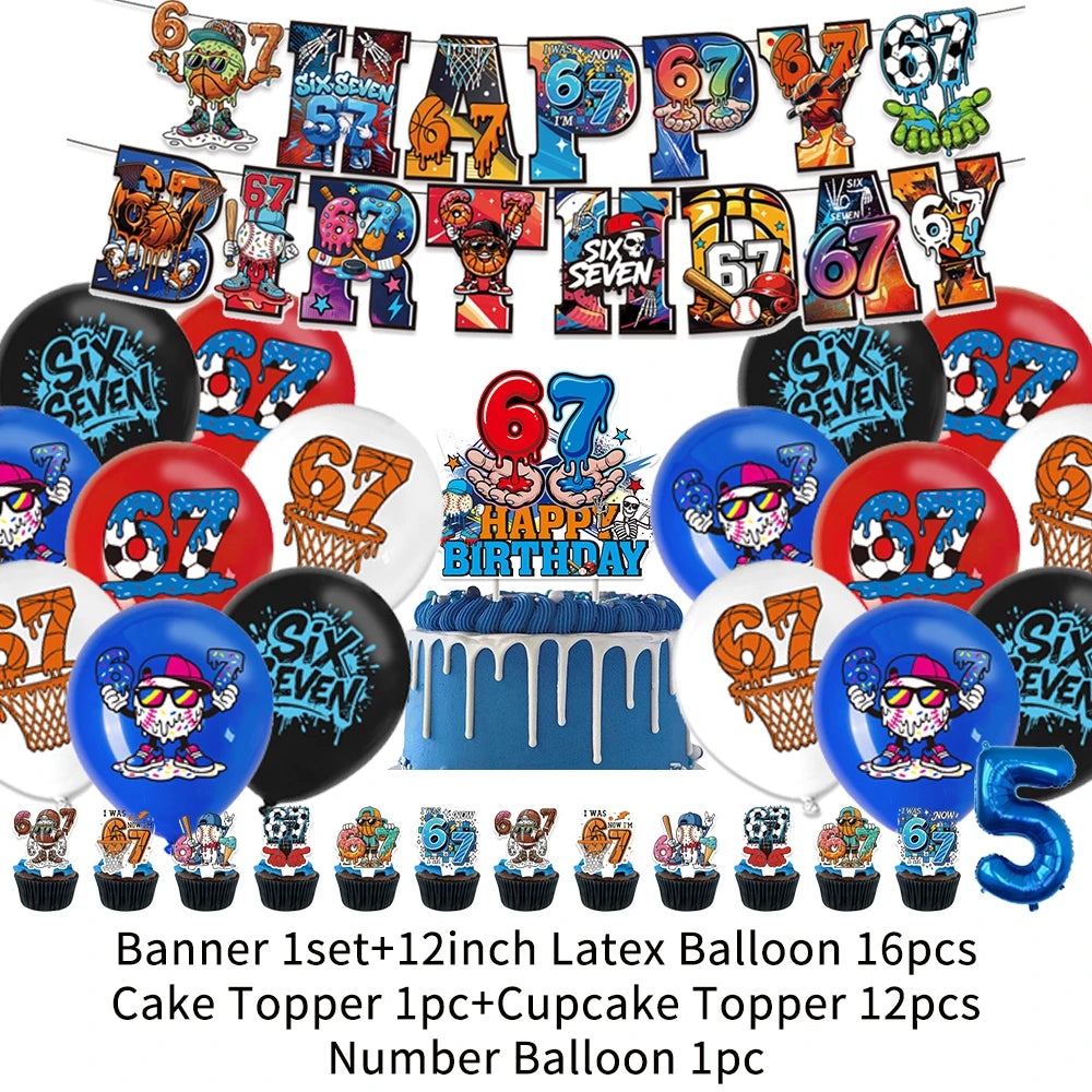 A banner featuring numbers 6 and 7 and various letters celebrating a birthday party