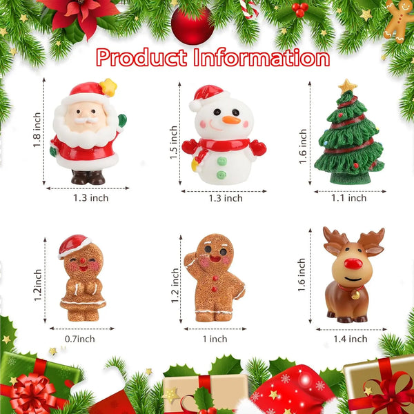 Un set de six figurines en résine de Noël incluant un Père Noël, un bonhomme de neige, un homme en gaufrette et un cerf, prés