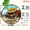 A 2D flat aluminum sign depicting a wooden building with a tombstone and a horse in front of it, labeled Tombstone Arizona.