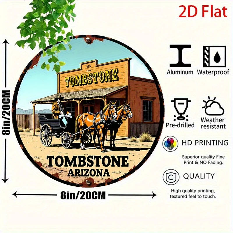 A 2D flat aluminum sign depicting a wooden building with a tombstone and a horse in front of it, labeled Tombstone Arizona.