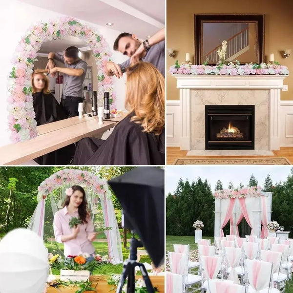 A close-up of an artificial rose flower arch panel used for wedding and party decor.