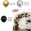 A collection of black and gold balloons, including 5 inch, 10 inch, and 18 inch sizes, used to create an elegant balloon garl