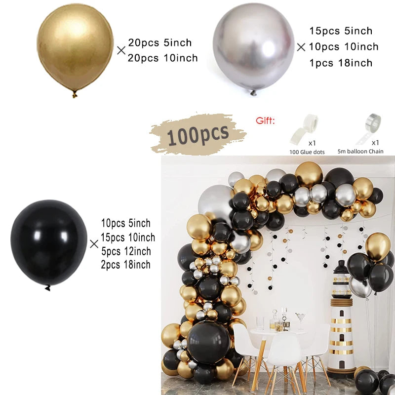 A collection of black and gold balloons, including 5 inch, 10 inch, and 18 inch sizes, used to create an elegant balloon garl